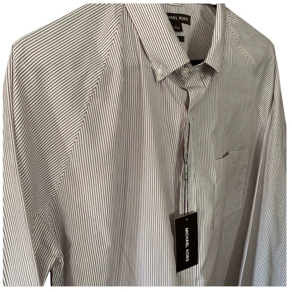 MICHAEL KORS Button Down Oxford Shirt Deep Wine Pin Stripes Size Large Slim Fit